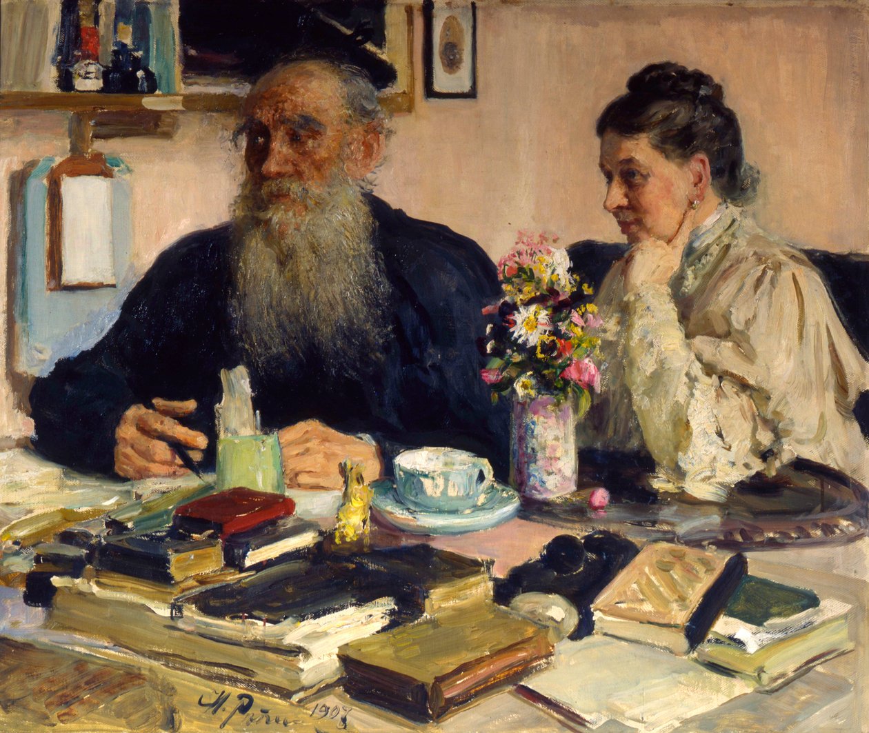 The Author Leo Tolstoy with His Wife in Yasnaya Polyana by Ilya Efimovich Repin