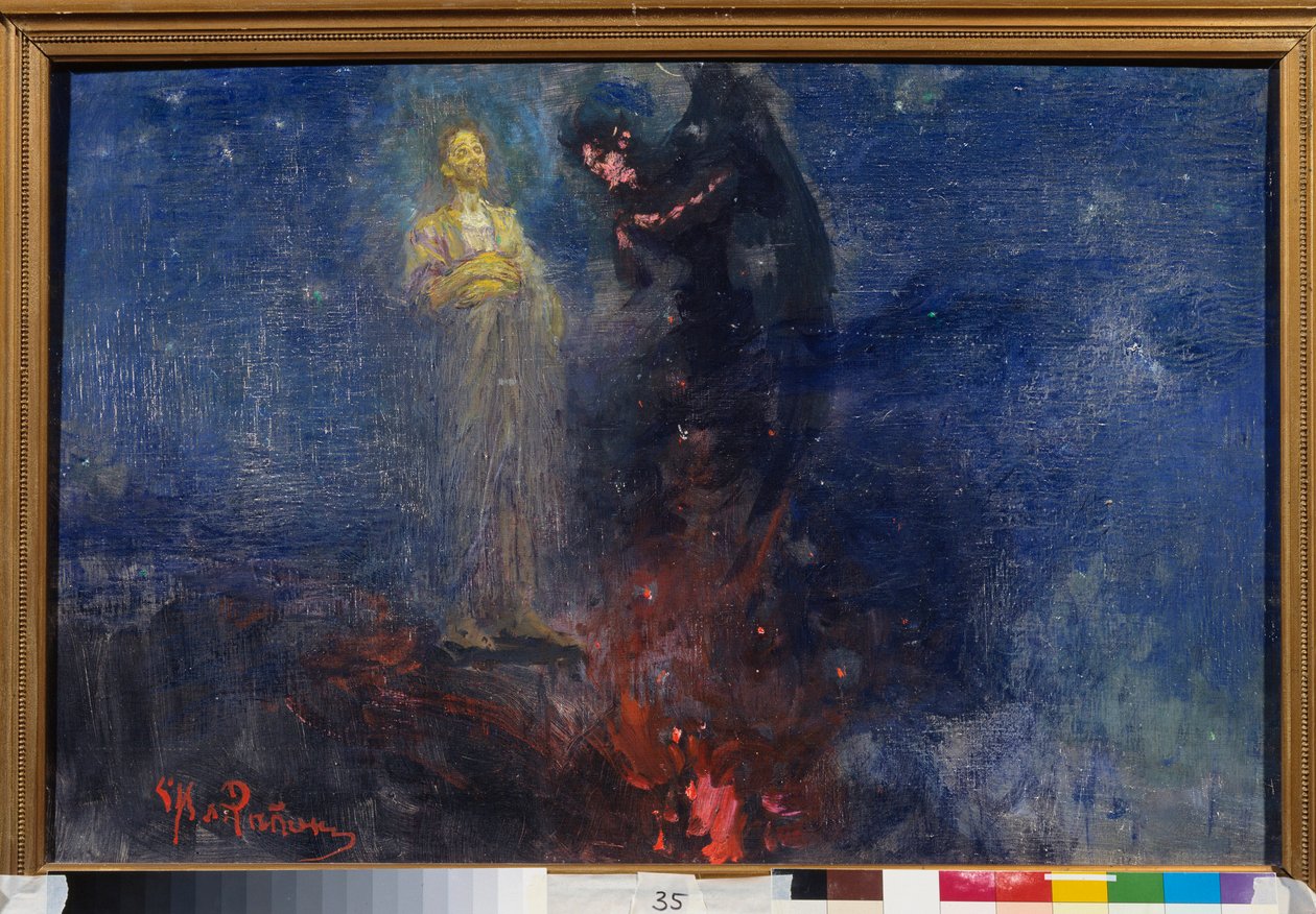 Get thee Hence, Satan! (Jesus Christ repelling the devil, in a nocturnal landscape). by Ilya Efimovich Repin