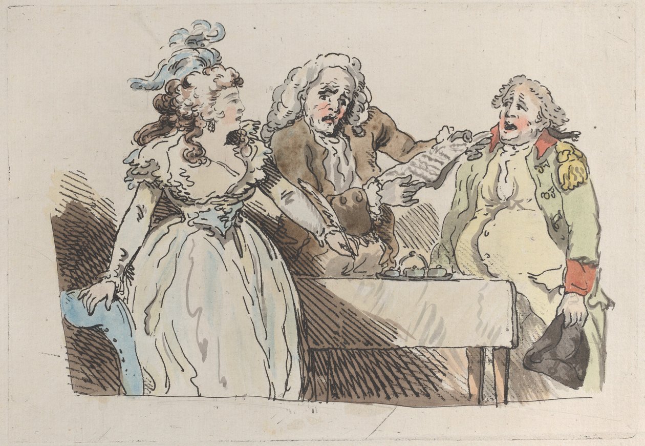 A Young Woman Heiress Prepares to Sign a Document, 1780-1800 by Imitator of Thomas Rowlandson.