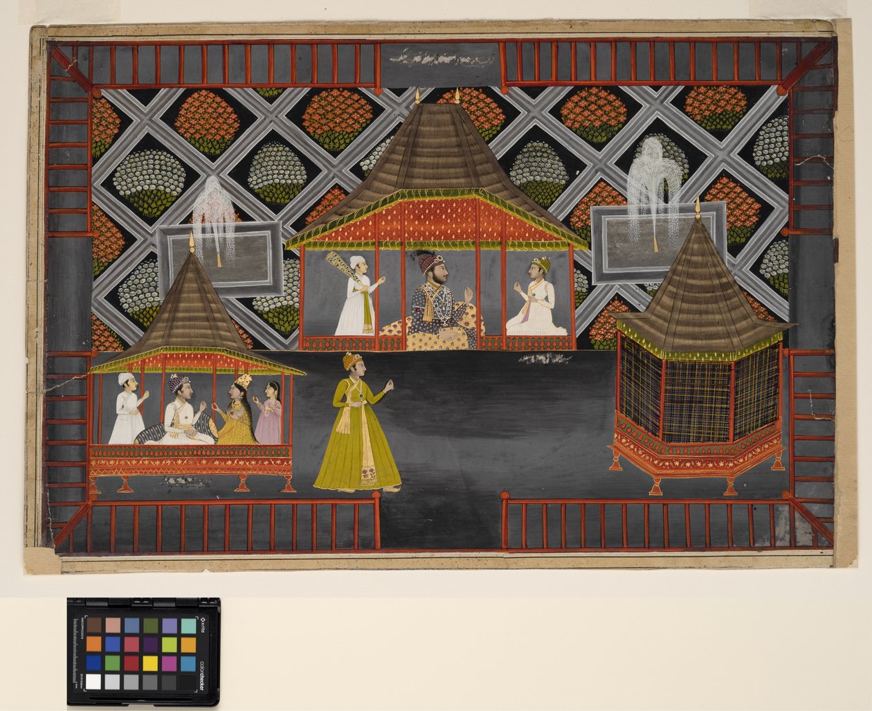 A Nawab and his sons in a garden pavilion by Indian School