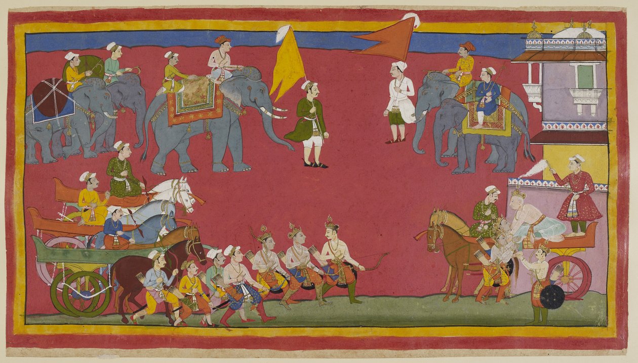 The two princes and their uncle have dismounted from their chariots and advance from the left to greet the king. He comes out of the palace on the right in his chariot and bends down to greet them lovingly. Elephants are in the backgrou by Indian School