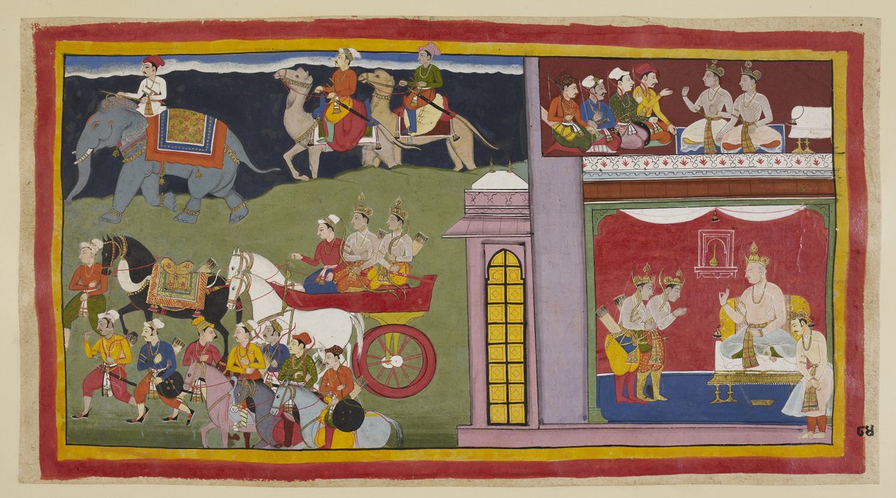 The messengers, in an upper chamber, tell the princes to return to Ayodhya. Below in the throne-room, dressed for the journey, the princes say their farewells to King Kaikeyi and his son Yudhajit by Indian School