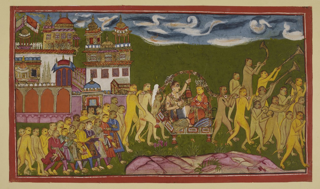 Sugriva and Laksmana are conveyed in a golden litter, borne by monkeys, from Kiskindha by Indian School