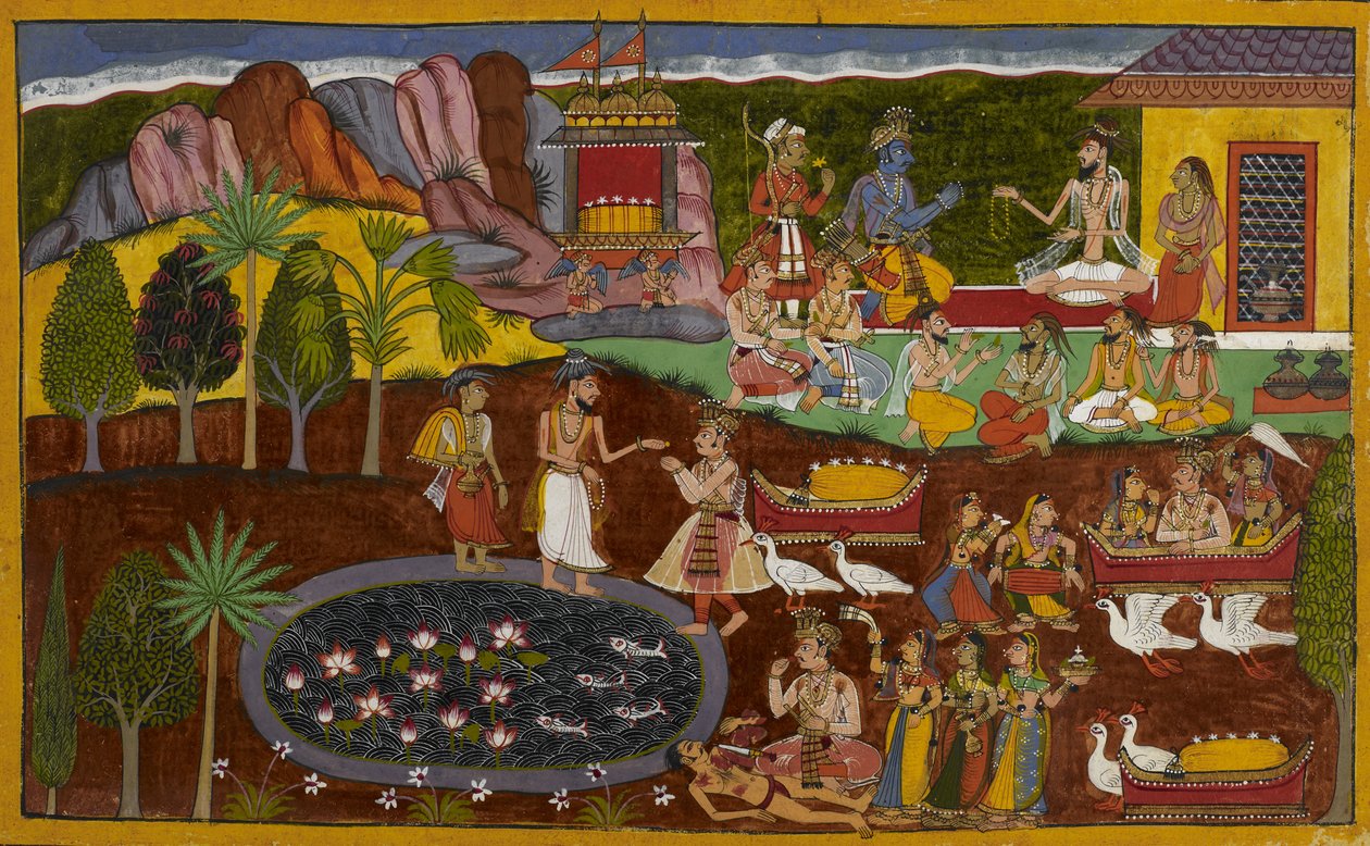 Agastya presents Rama with a divine jewel, and its acquisition is recounted below by Indian School