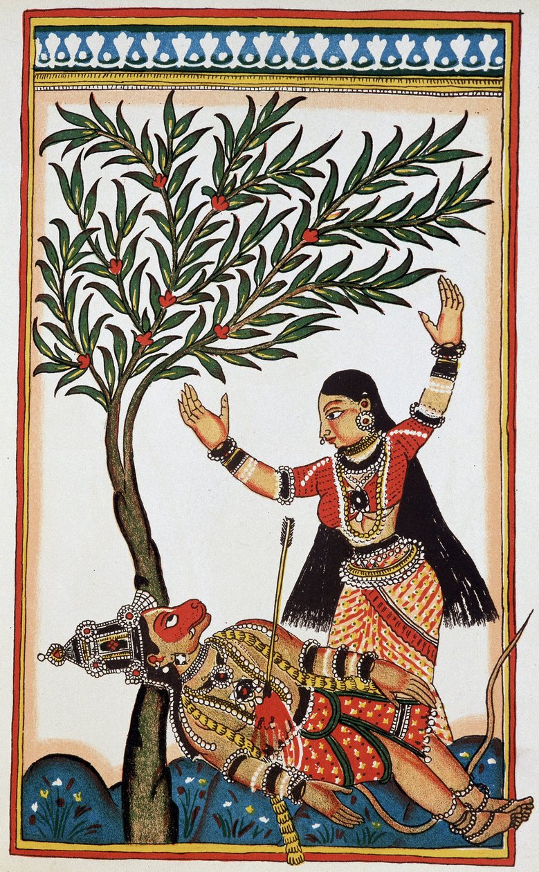 Bali killed by an arrow, next to him Tara his wife, litho eighteenth century by Indian School