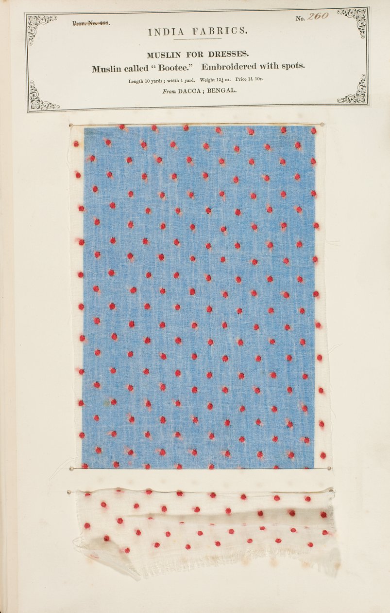 Bootee muslin sample embroidered with spots from Dacca in Bengal, from ...
