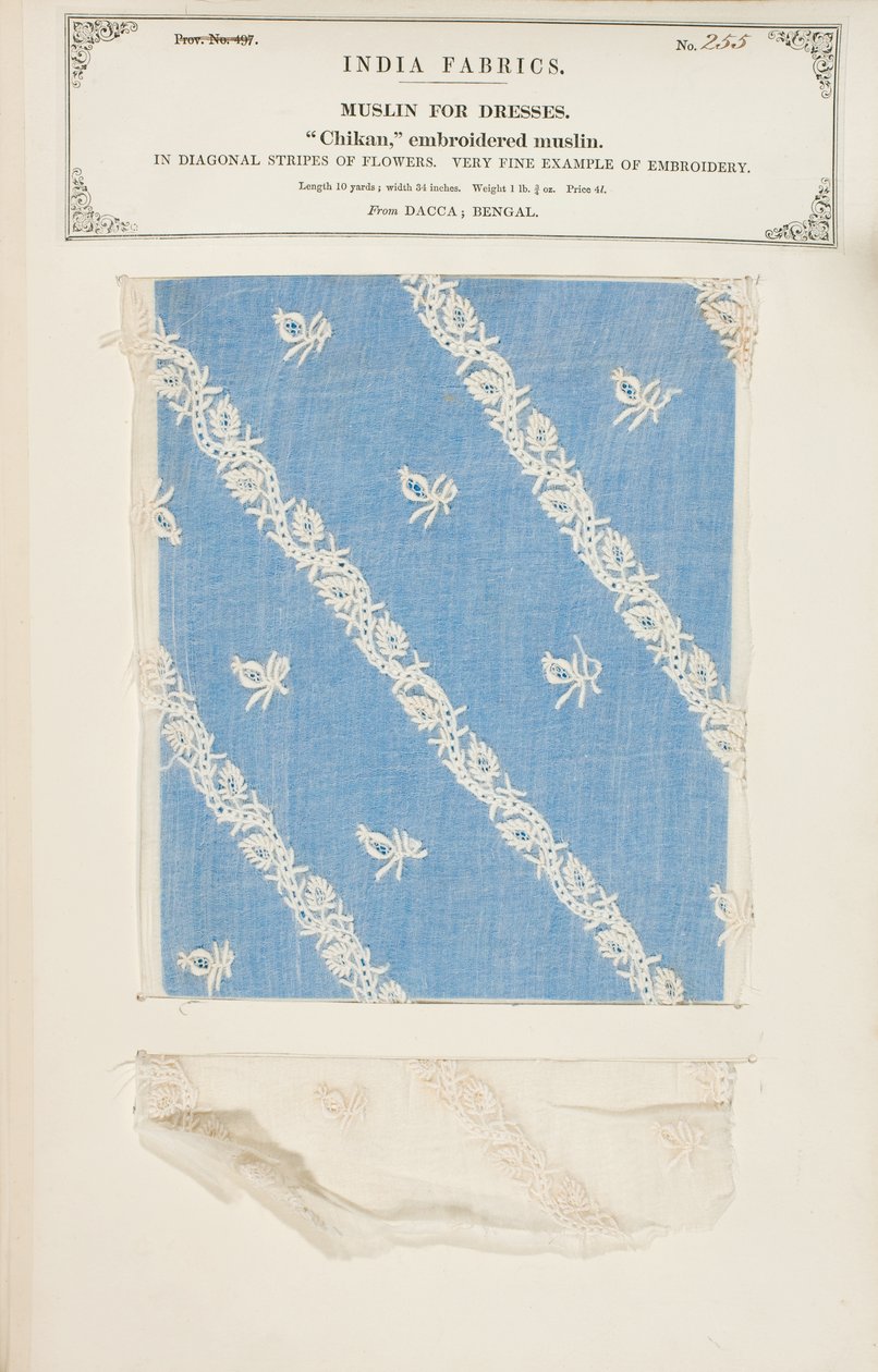 Chikan embroidered muslin sample from Dacca in Bengal, from The Collection of the Textile Manufacturers of India, by John Forbes Watson, published in 1866 by Indian School