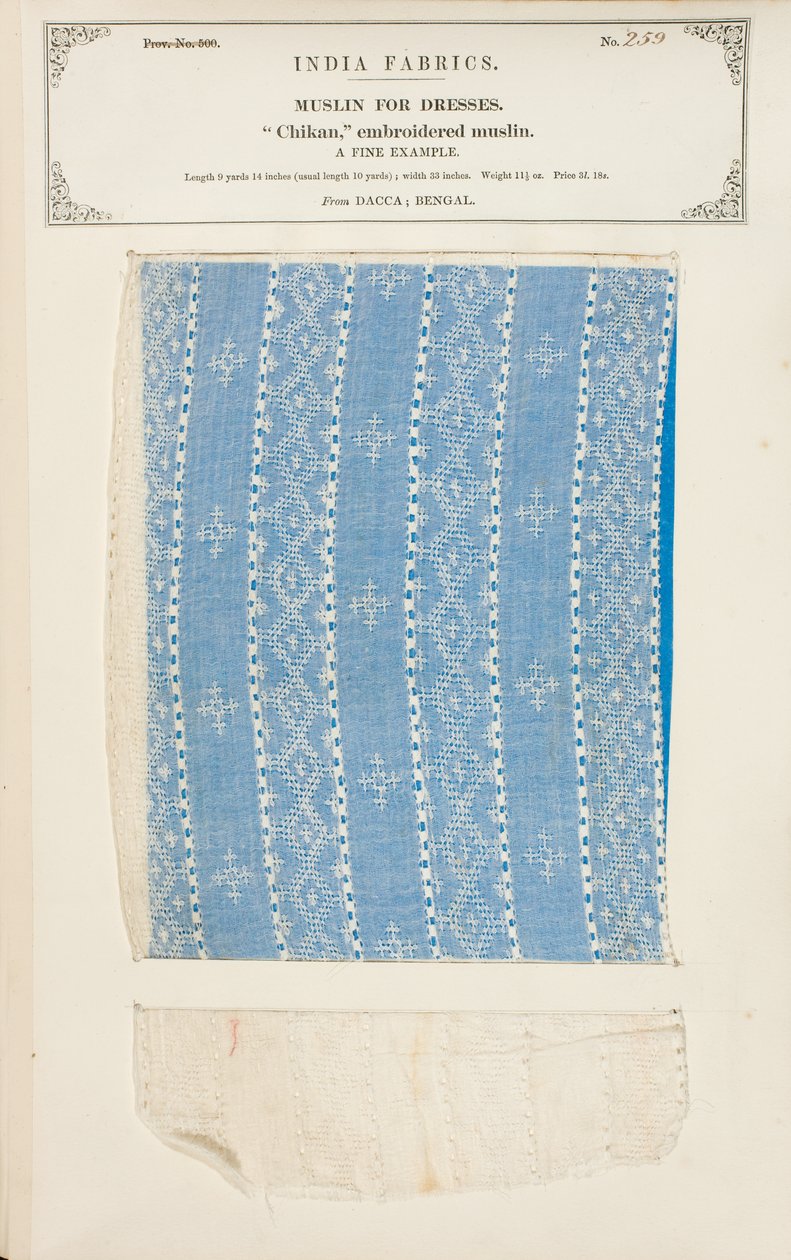 Chikan embroidered muslin sample from Dacca in Bengal, from The Collection of the Textile Manufacturers of India, by John Forbes Watson, published in 1866 by Indian School