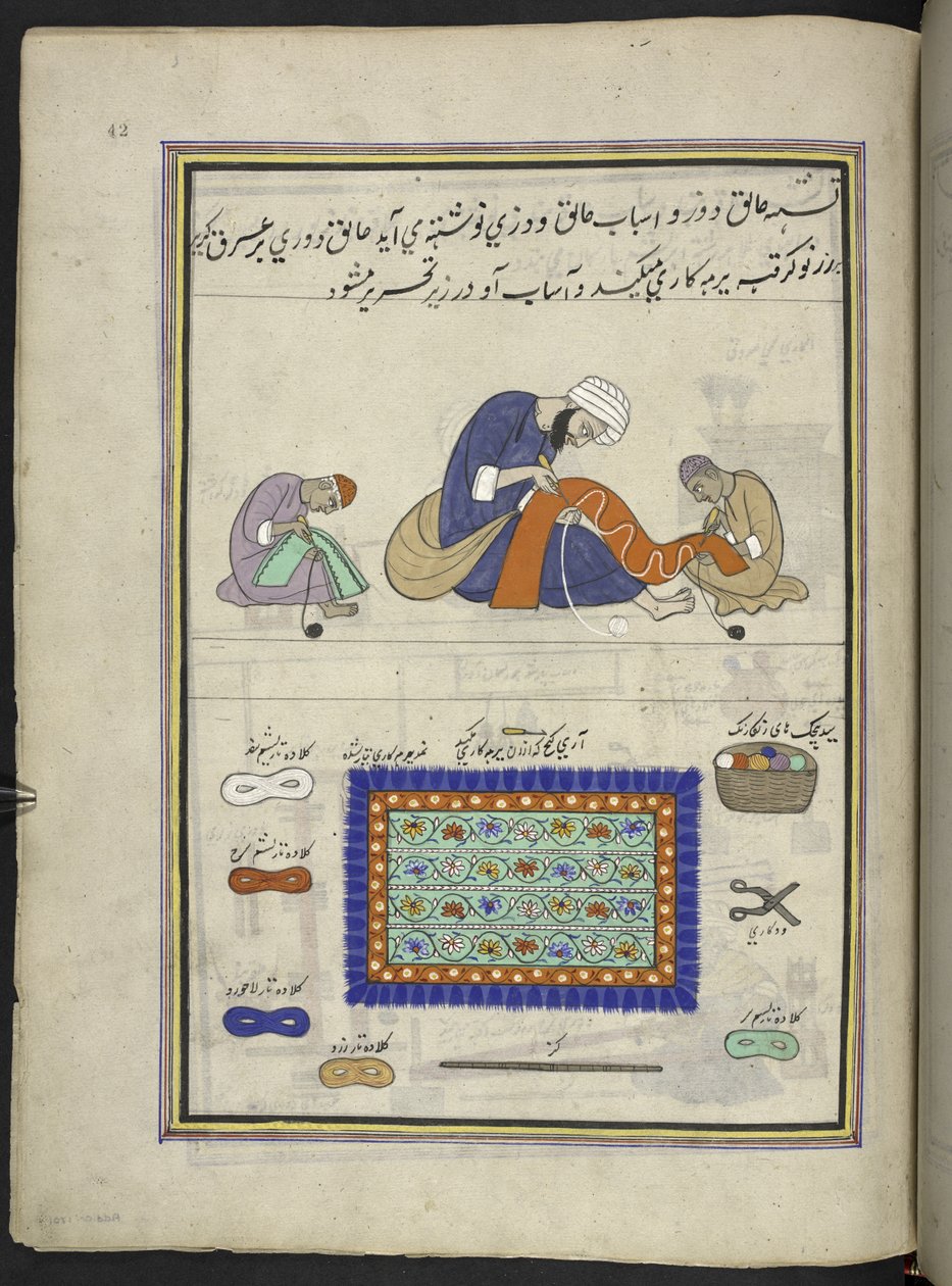 Craftsmen embroidering felt rugs (namda), 86 drawings bound into a volume depicting trades and occupations in Kashmir, Craftsmen are shown at work with their implements and equipment, By a Kashmir artist, probably at Srinagar by Indian School