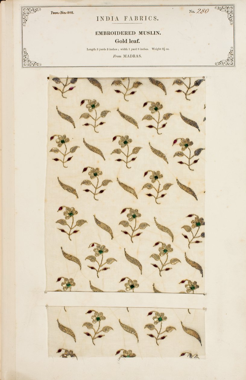 Embroidered muslin sample from Madras, from The Collection of the Textile Manufacturers of India, by John Forbes Watson, published in 1866 by Indian School