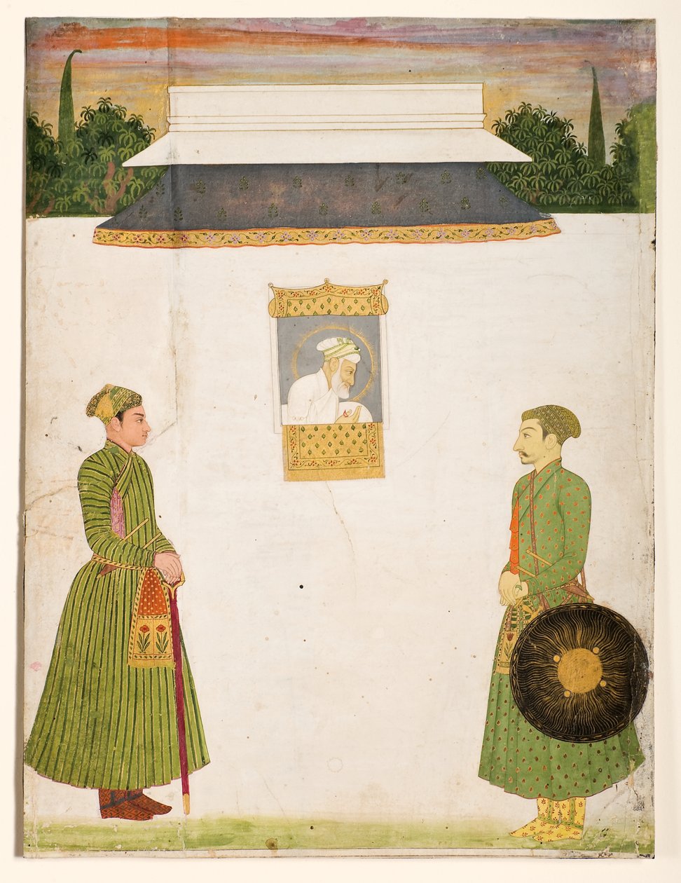 Emperor Aurangzeb at a jharokha window, two noblemen in the foreground, c.1710 by Indian School