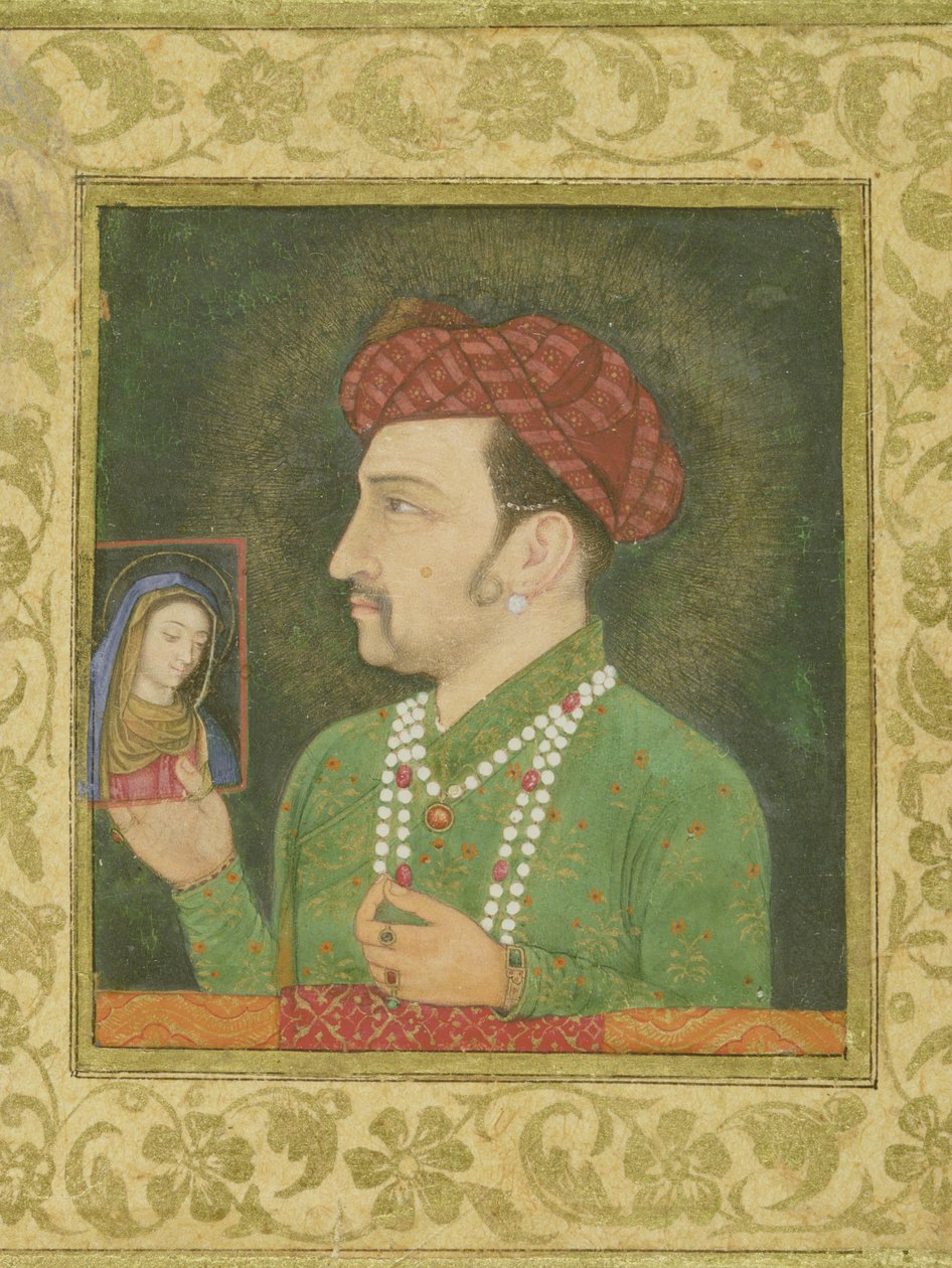 Jahangir holding a picture of the Madonna, inscribed in Persian: Jahangir Shah, Mughal by Indian School