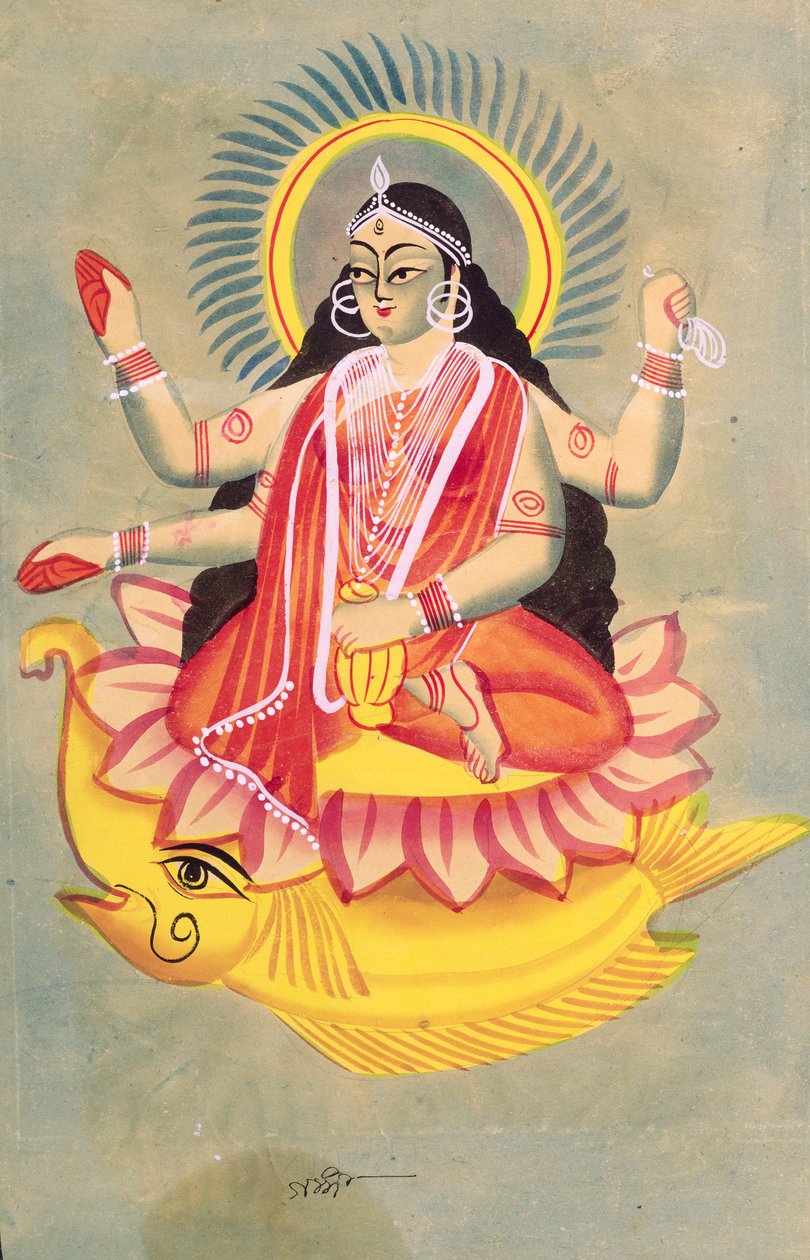 Laksmi sitting on a throne of lotus leaves by Indian School