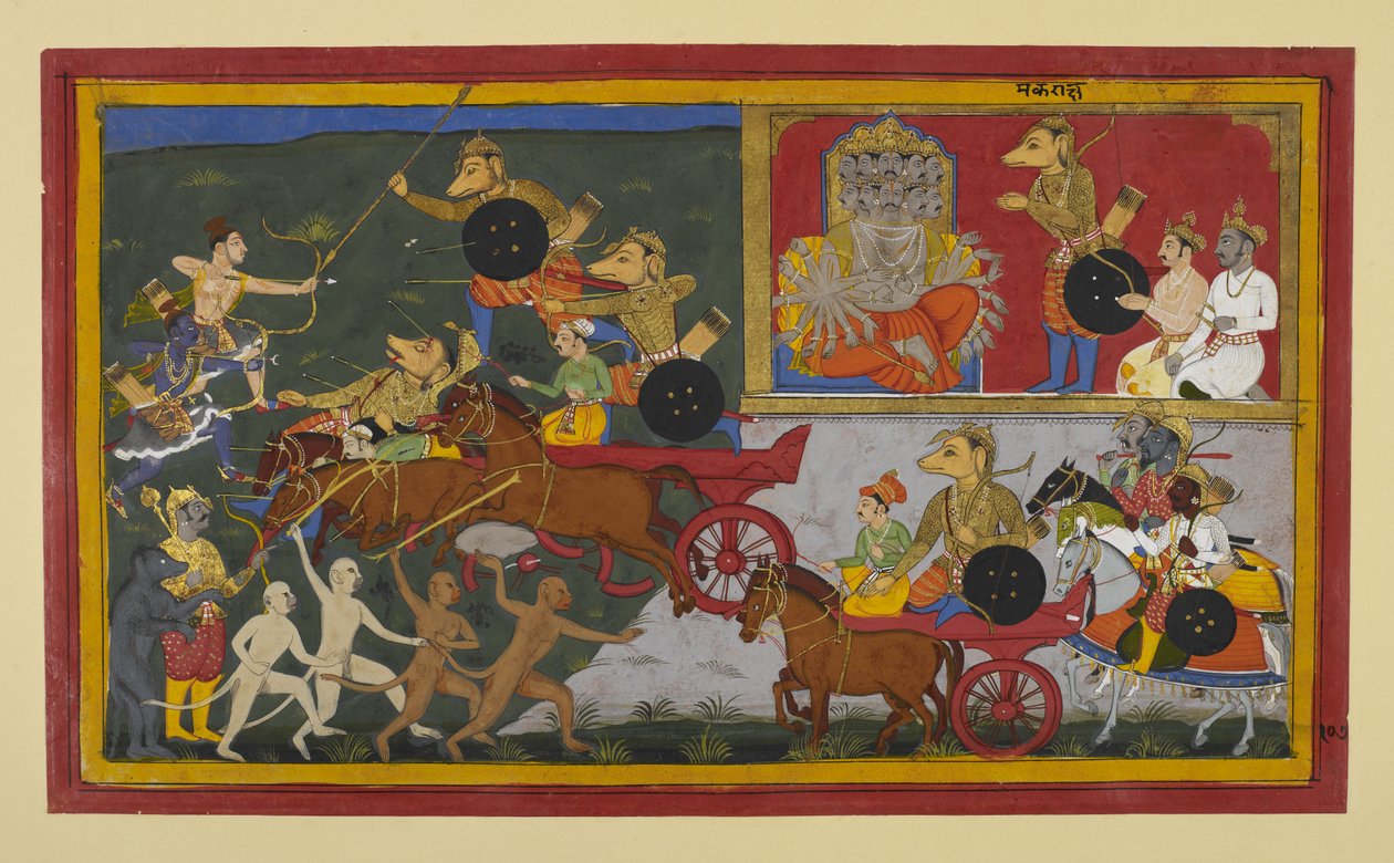 Makaraksha Fights Rama and Lakshmana but Falls to Their Arrows by Indian School