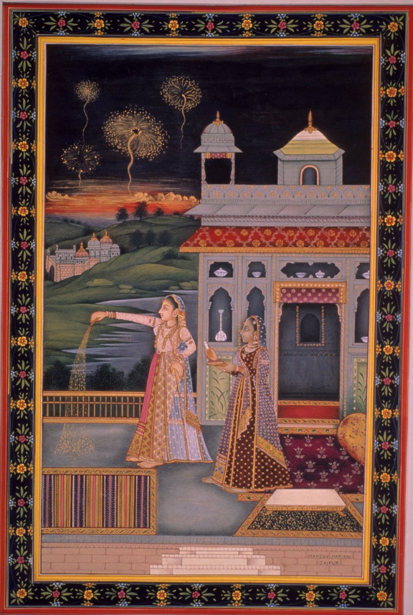 Miniature painting of lady celebrating Diwali Festival, India by Indian School