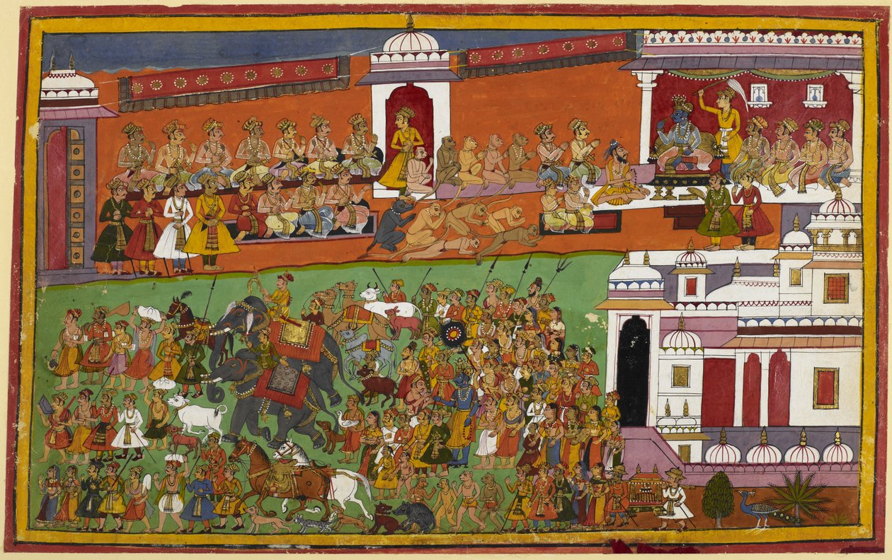 Monkeys, bears, and others gather as Rama departs, with attendants ...