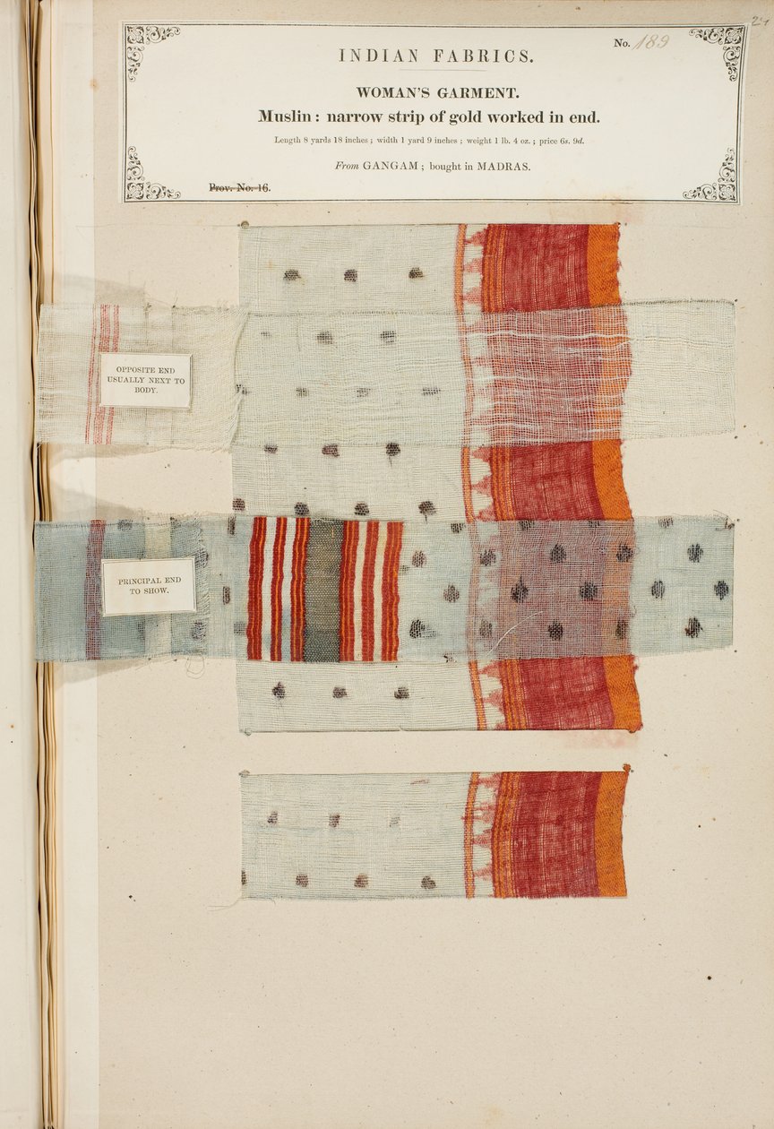 Muslin sample from Ganham, bought in Madras, from The Collection of the Textile Manufacturers of India, by John Forbes Watson, published in 1866 by Indian School