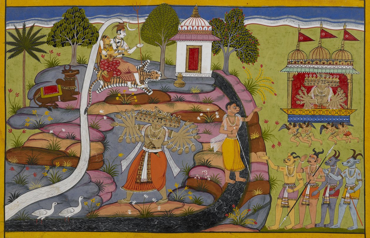 Ravana rides the Pushpaka chariot, then lifts and shakes Mount Kailasa ...