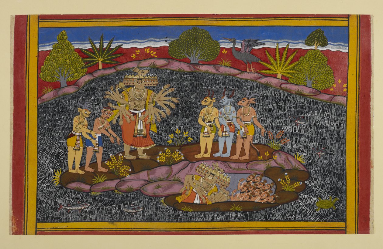 Ravana Seeks the Purusha, Enters a Cave, and Finds Thousands of Exalted Beings by Indian School