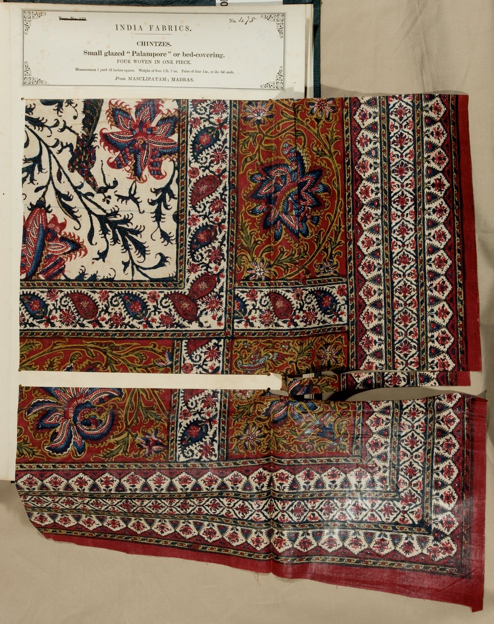 Small glazed palampore or bed-covering sample from Masulipatam in Madras, from The Collection of the Textile Manufacturers of India, by John Forbes Watson, published in 1866 by Indian School