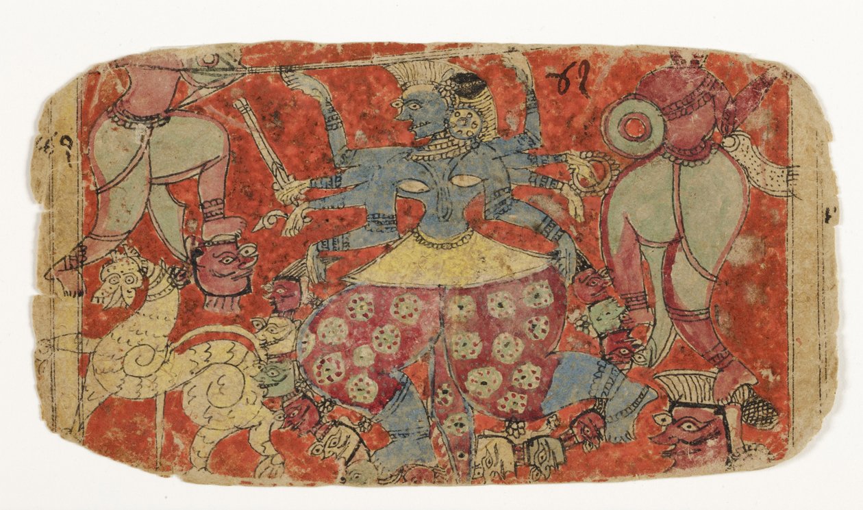 The goddess Kali battles demons, from Durga attacking the demons Shambha and Nishumbha by Indian School