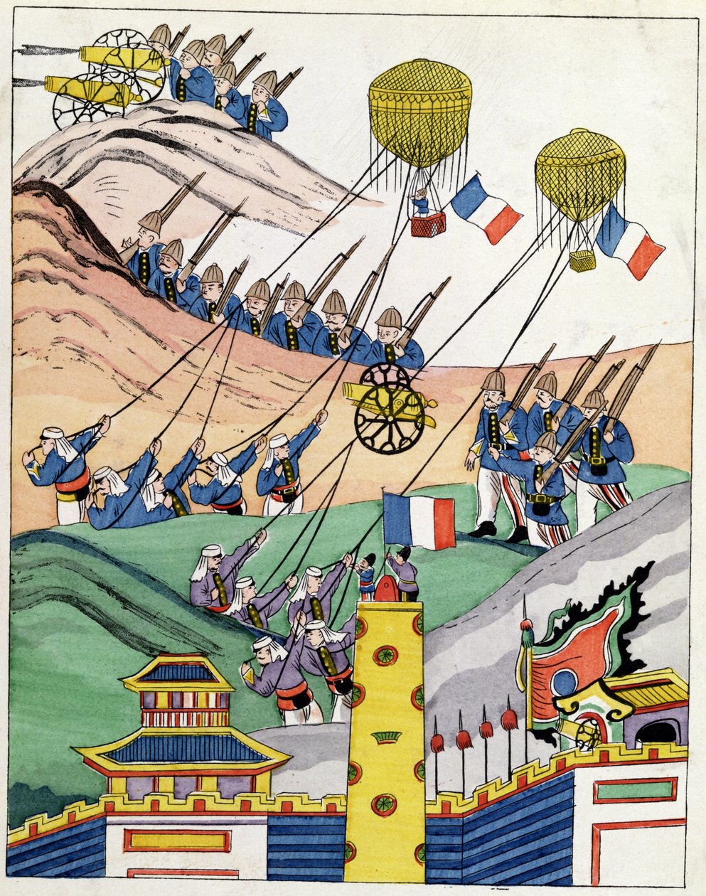Poster showing the French troops using captured balloons at the time of the conquest of Tonkin, 1884 by Indo-Chinese School