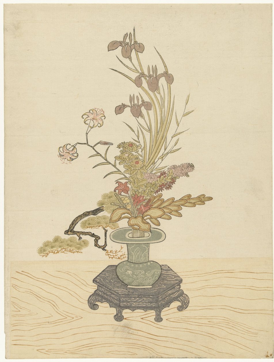 Ikebana Flower Arrangement in Green Vase by Ippitsusai Bunchô (manner of)