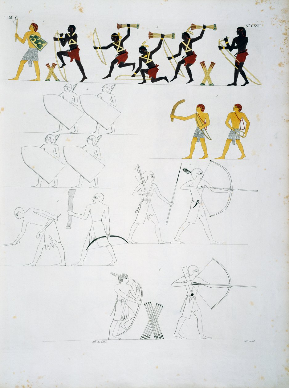 Military Scenes, Soldiers with Bows and Arrows, from Tombs of Beni Hasan, Plate CXVIII, from Monuments of Egypt and Nubia: Civil Monuments by Ippolito Rosellini