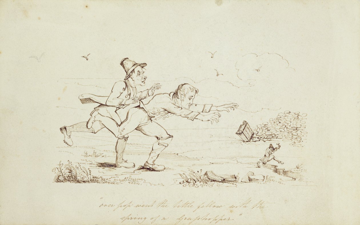 Over Pop Went the Little Fellow with the Spring of a Grasshopper, Book Illustration Showing Two Irishmen Chasing a Leprechaun, 19th Century by Irish School