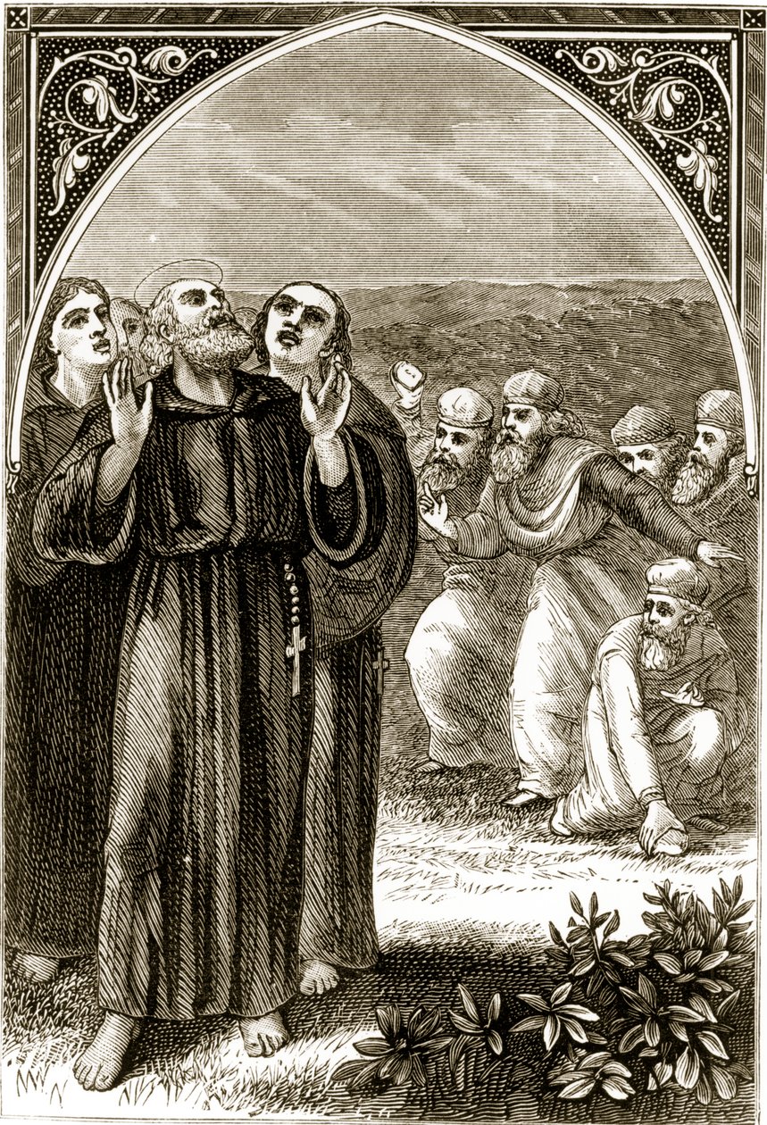 St. Columba Chanting, and Attacked by the Druids, from The Trias Thaumaturga, or Three Wonder-Working Saints of Ireland, by Mary Cusack (1829-99) Published c.1890s by Irish School