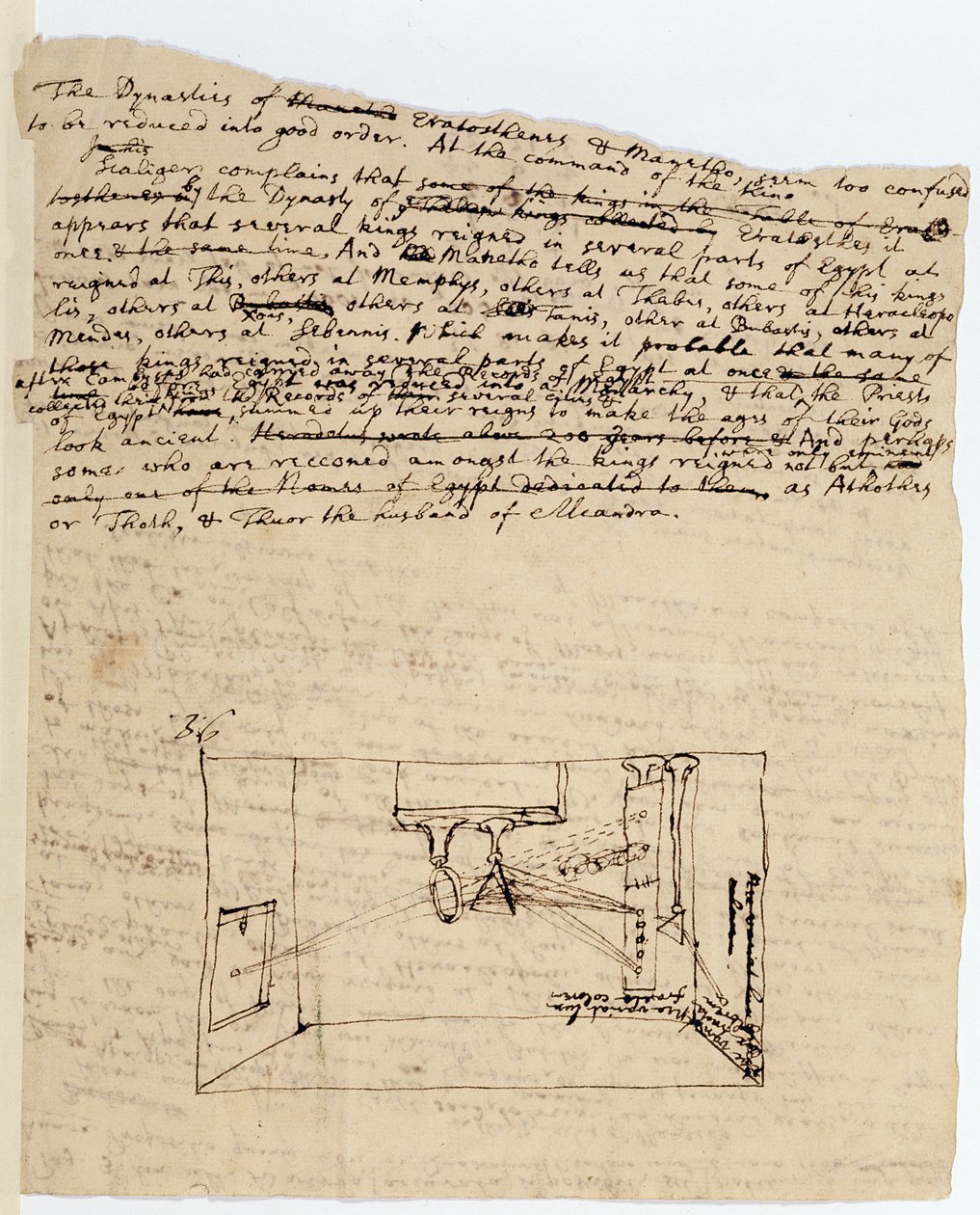 Drawing of the so-called crucial experiment that shows light from the sun being refracted through one prism and then being refracted through another prism by Isaac Newton