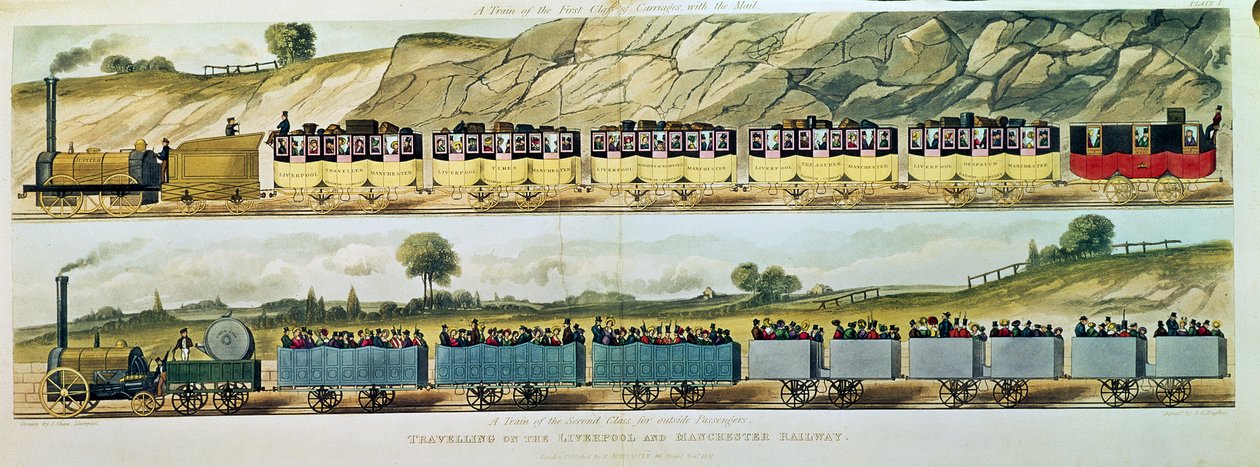 Travelling on the Liverpool and Manchester Railway: A Train of the First Class of Carriages with the Mail, and A Train of the Second Class for Outside Passengers by Isaac Shaw