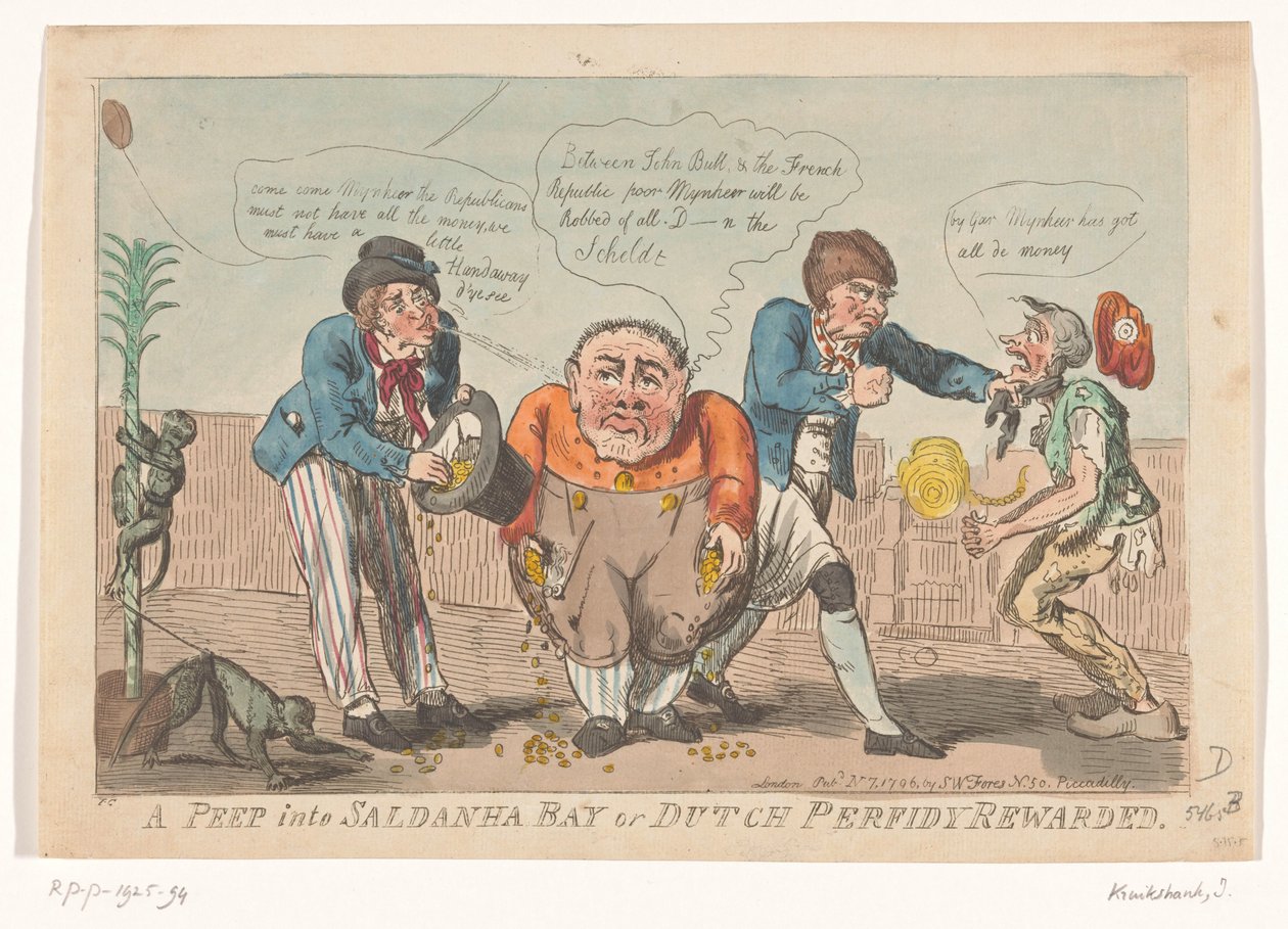 Satirical Print on the Capitulation of the Batavian Fleet in Saldanha Bay, 1796 (A Peep into Saldanha Bay or Dutch Perfidy Rewarded) by Isaac Cruikshank