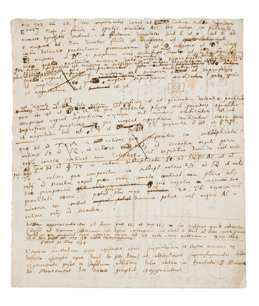 Two pages of revisions to the Principia Mathematica by Isaac Newton