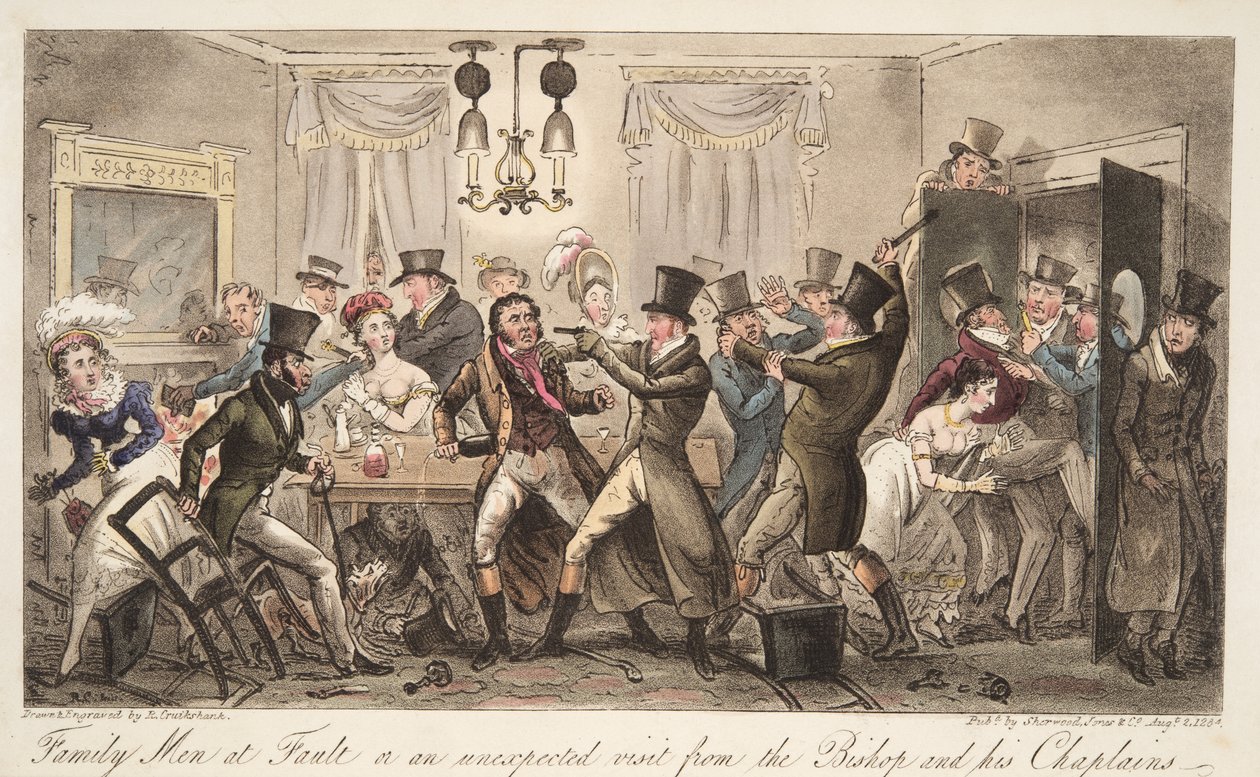 Family Men at Fault, or an Unexpected Visit from The Bishop and His Chaplains, from The English Spy by Isaac Robert Cruikshank