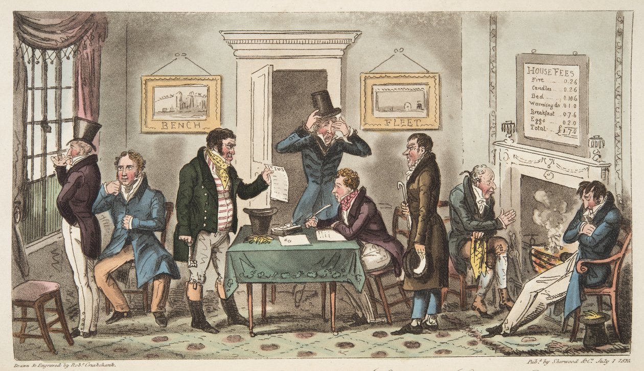 Morning and in Low Spirits, a Lock Up scene in a Spunging House, Carey Street, a bit of Good Truth, from The English Spy by Isaac Robert Cruikshank