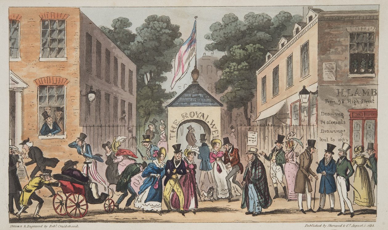 The Royal Wells, Cheltenham or Spasmodic affections from Spa Waters, from The English Spy by Isaac Robert Cruikshank