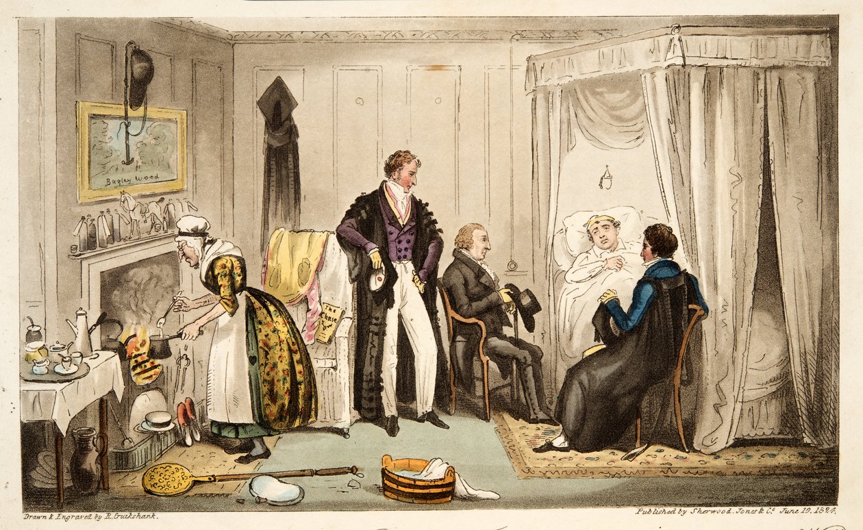 Tom Echo laid up with the Headington Fever or an Oxonian very near the Wall, from The English Spy by Isaac Robert Cruikshank