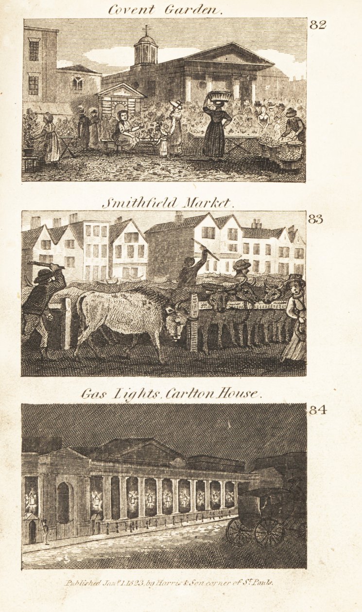 Trades in Regency England: Covent Garden, Smithfield Market and Gaslights on Carlton House by Isaac Taylor