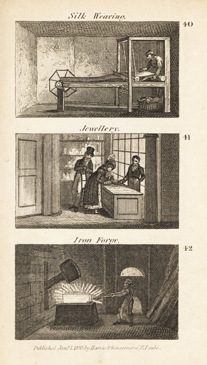 Trades in Regency England: silk weaving, jewellery and iron forge by Isaac Taylor