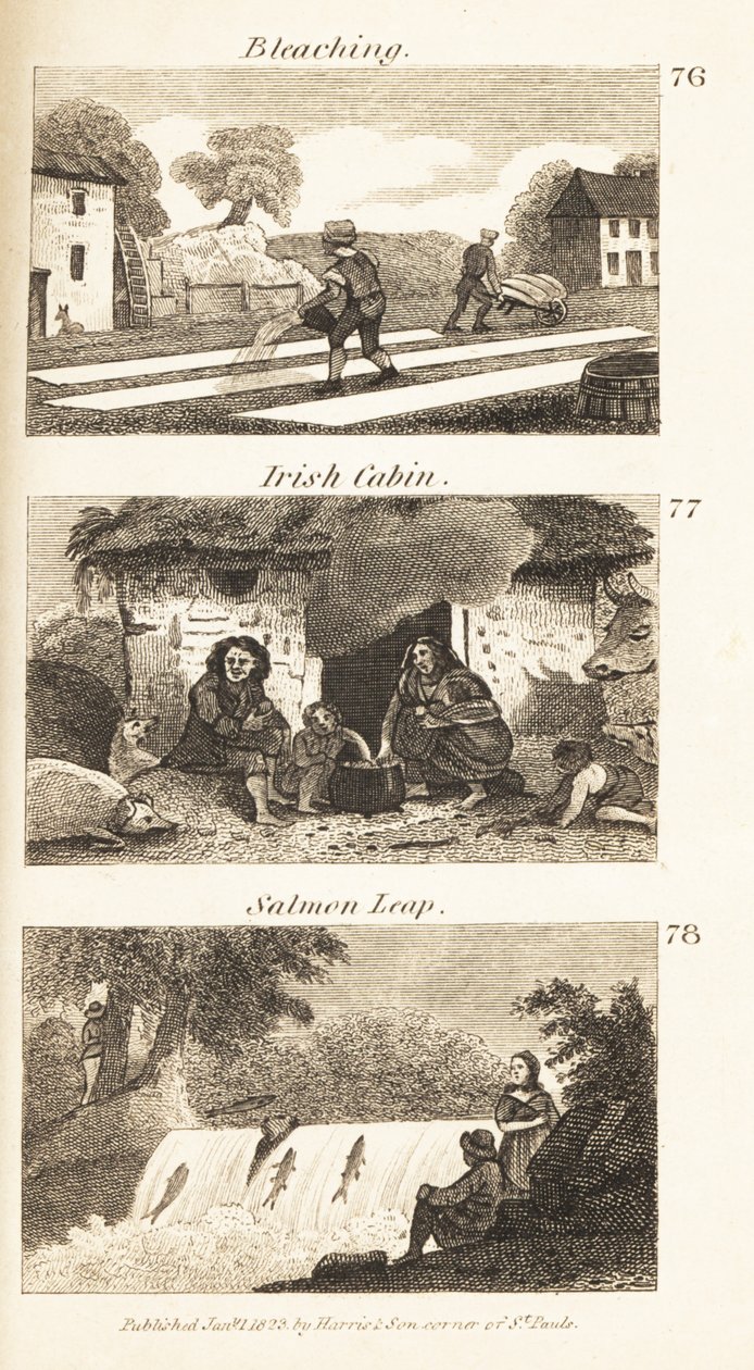 Trades in Regency Ireland: Bleaching, Irish Cabin, and Salmon Leap by Isaac Taylor