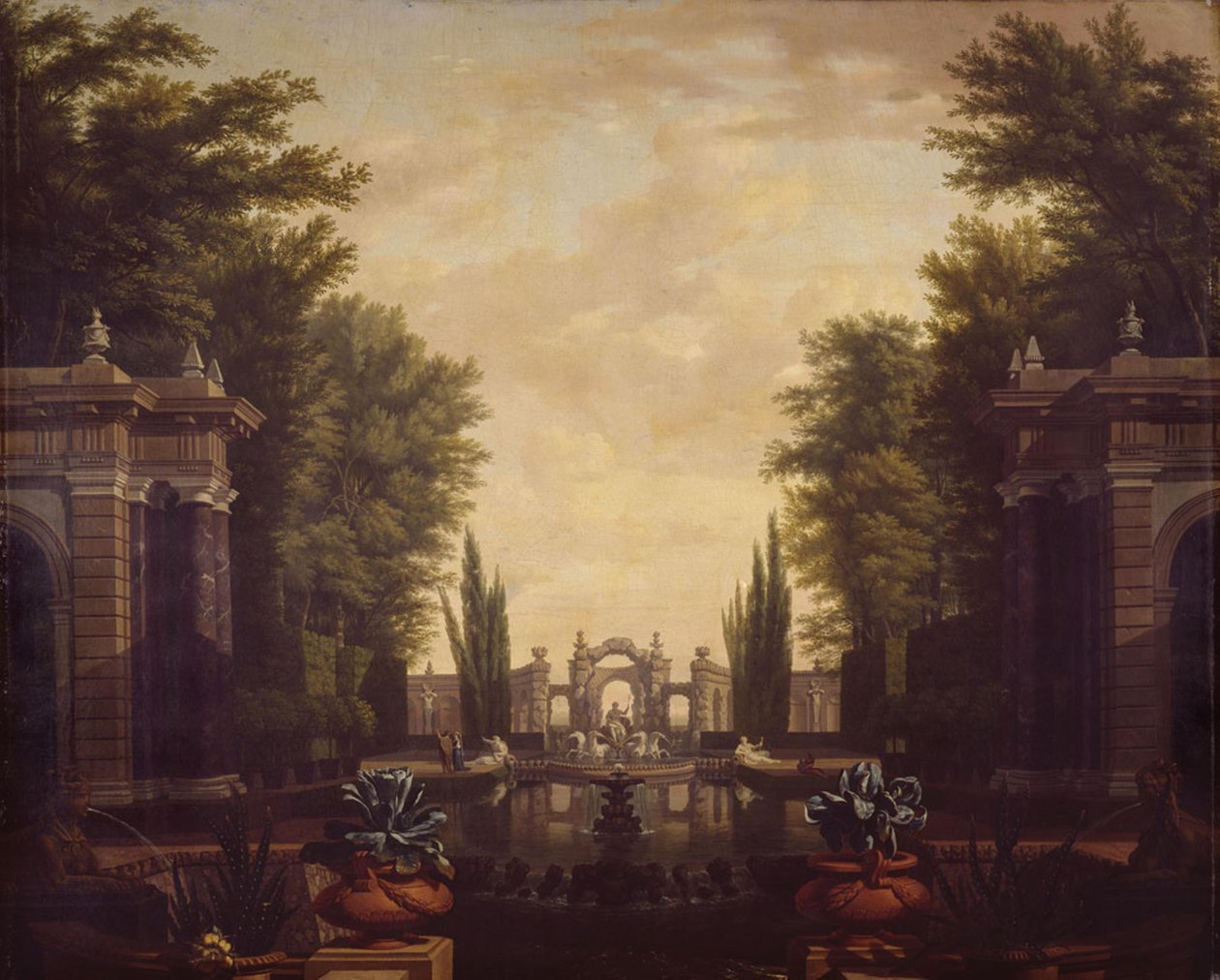 Water Feature with Statues and Buildings in a Park by Isaac de Moucheron
