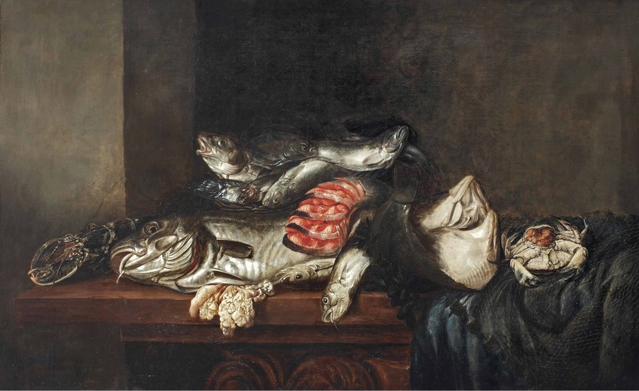 A Lobster, Cod, Flatfish, Salmon, Crab, Mussels and Other Fish in a Wicker Basket with a Fish Net on a Partially Draped Table by Isaac van Duynen