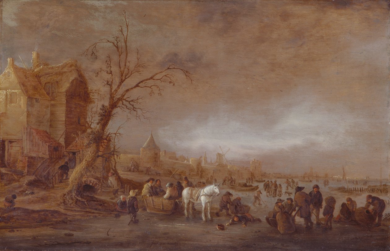 Winter Scene with Figures on a Frozen River in Front of a Walled Town by Isack van Ostade