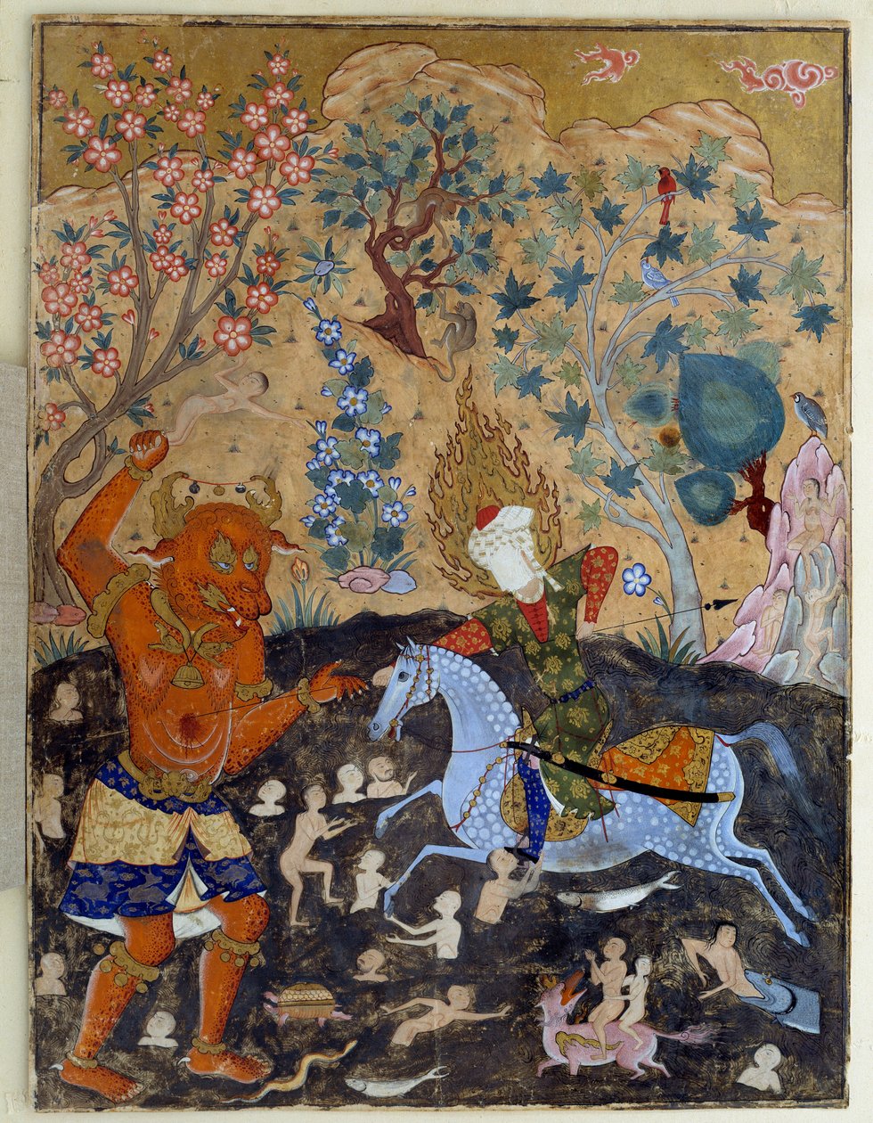 Page of a Falnama: Iman Reza Fights a Div by Islamic School