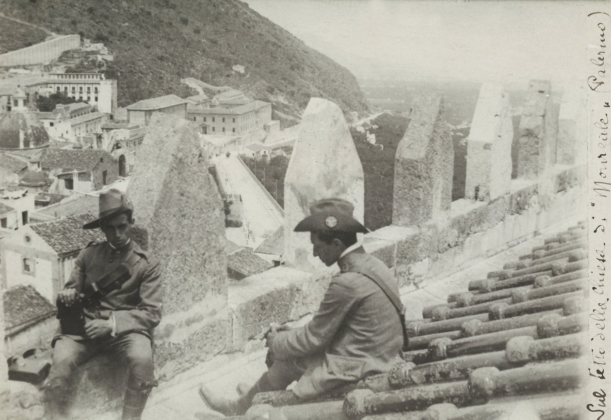 Two soldiers photographed on the roof of the church of Monreale, 1910 by Italian Photographer