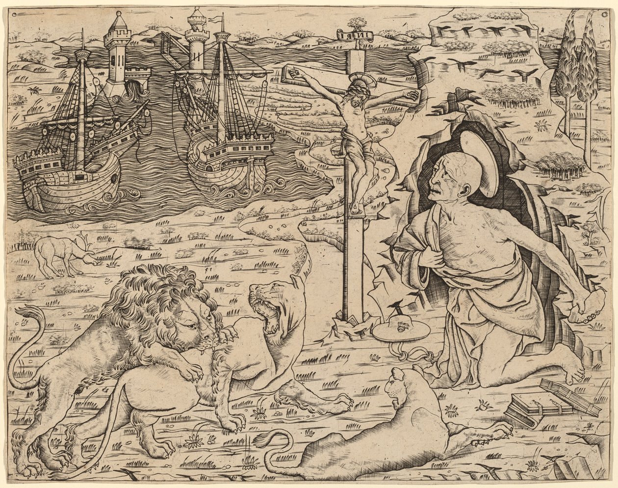 Saint Jerome in Penitence, with Two Ships in a Harbor by Italian 15th Century