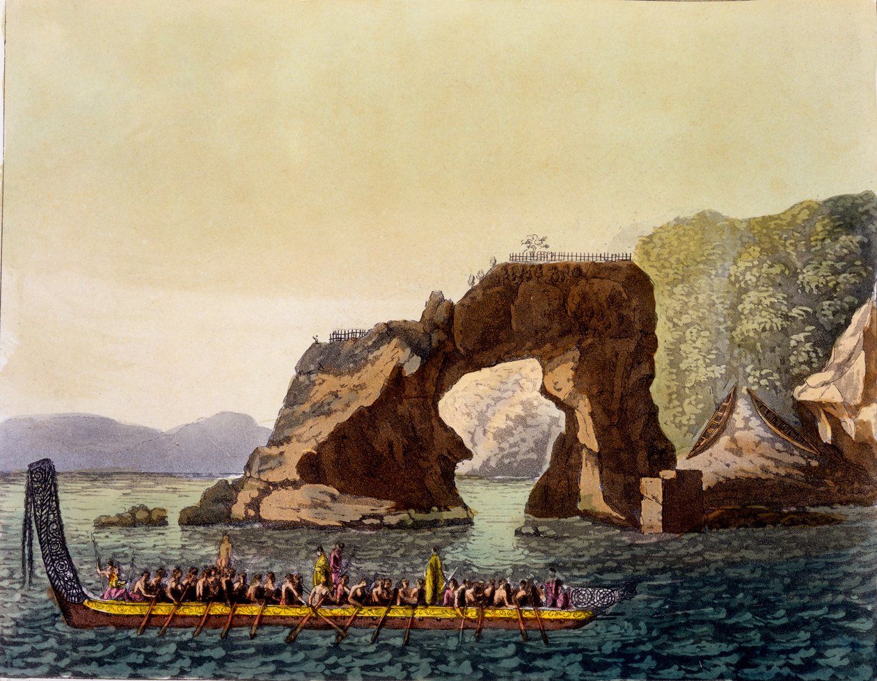 A Maori fortified look out point in New Zealand, combined with Maori War Canoe, 1820s-30s by Italian School