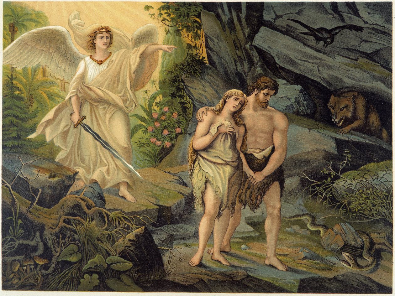 Adam and Eve chased out of earthly Paradise (Eden) by the Archangel