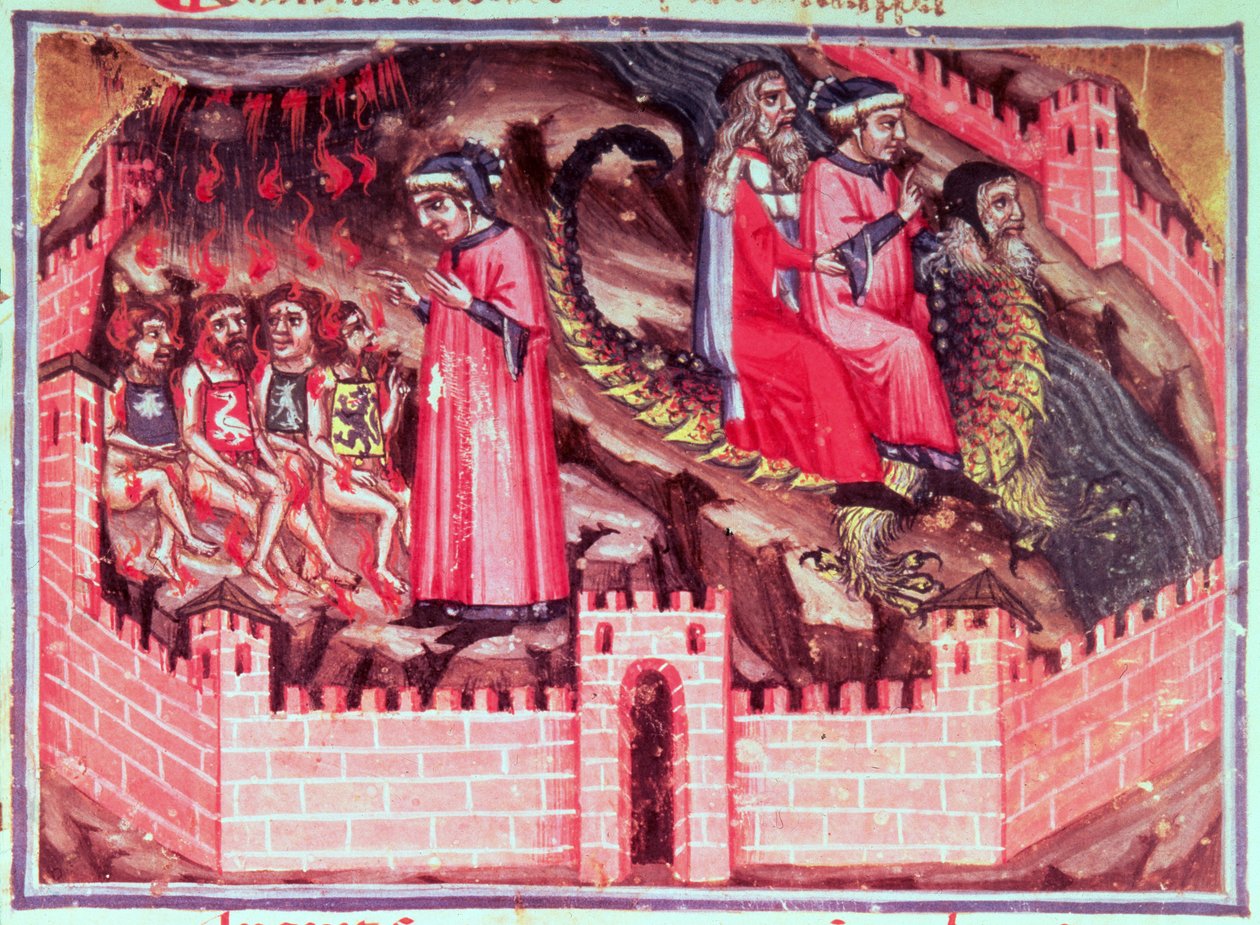 Canto XVII Four Sodomites: Dante and Virgil ride on the back of Geryon into the Circle of the Fraudulents, from the Divine Comedy (the Inferno) by Italian School